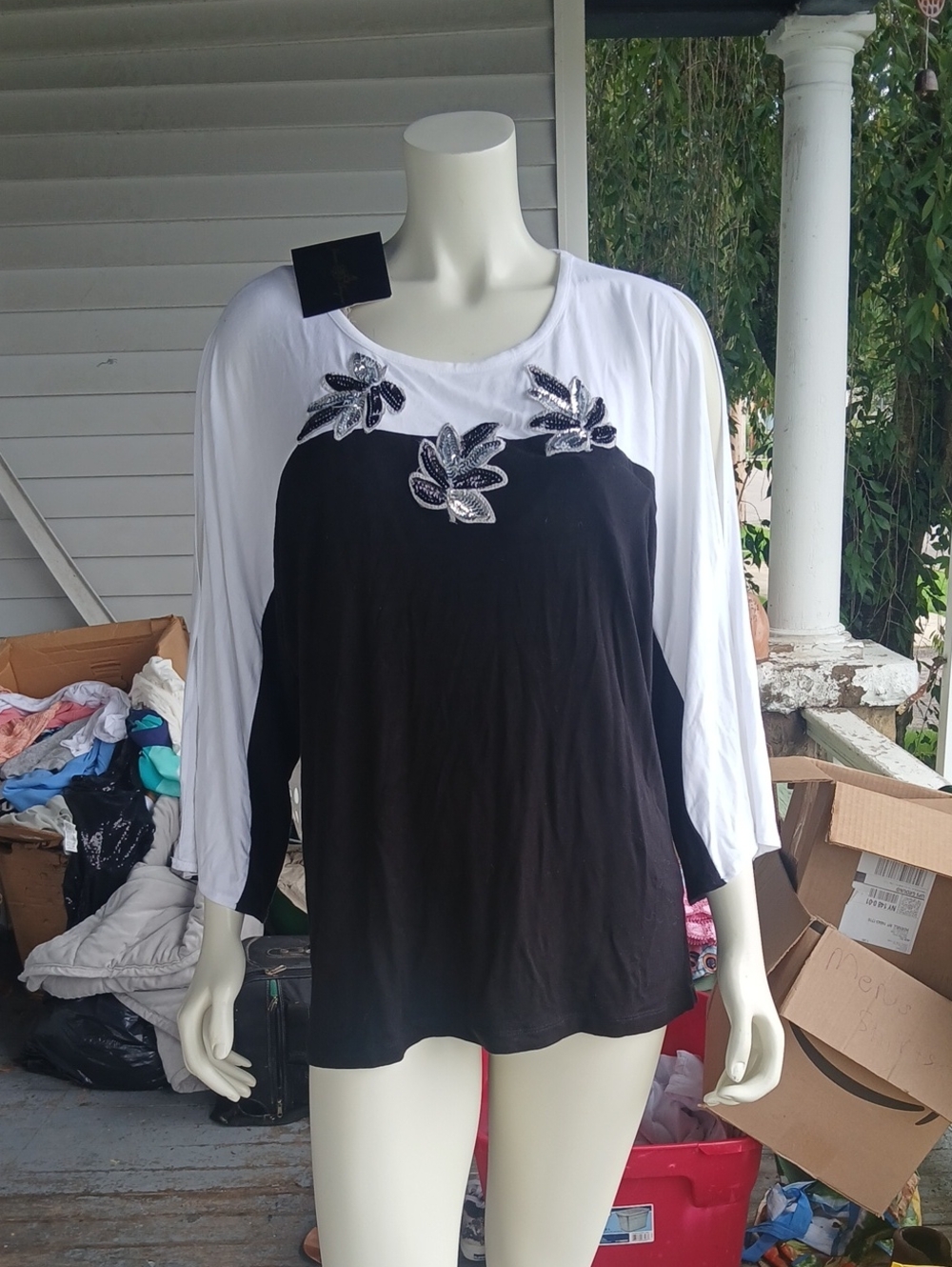 NWT Joan & Boyce Black & White Embellished Two-Tone Long Sleeve Top